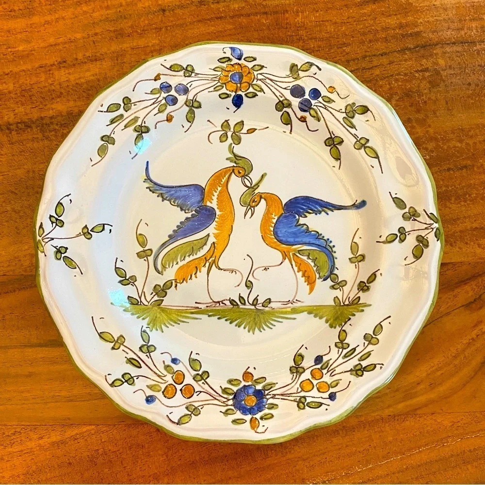 Fait Main French Faience Porcelain Plate with Bird and Flower motif 9in